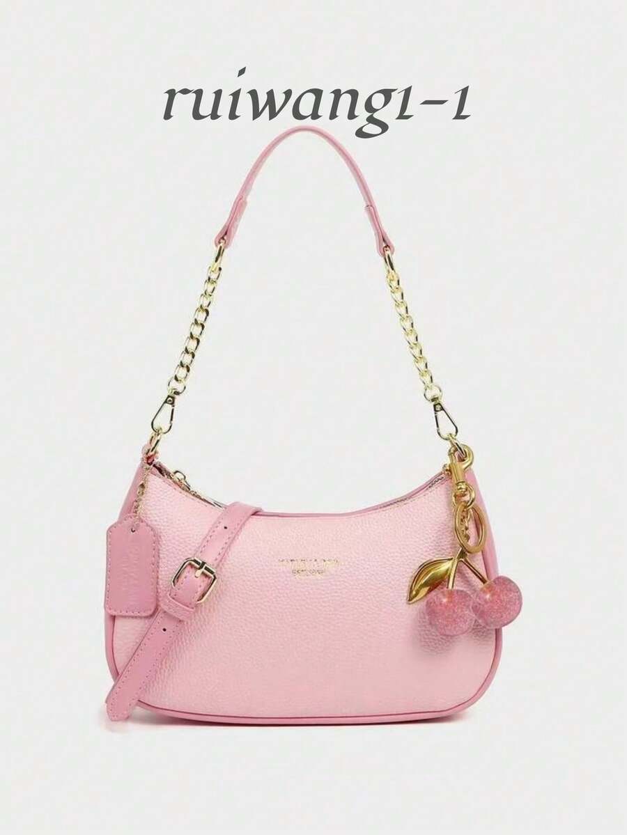 2025新款时尚经典百搭字母图案纯色PU皮革新月形单肩/腋下包，Y2K风格单肩/腋下包，适合购物，可斜挎，粉色 - 粉色 - 查看 1