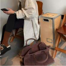 女士时尚麂皮手提包，大容量单肩包，适合日常工作通勤和旅行 - 咖啡 - 查看 9