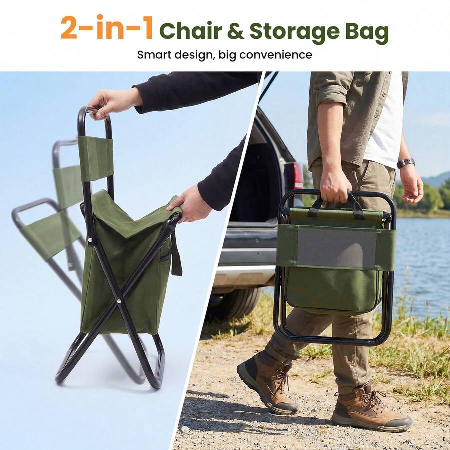 Senmeo Camping Chair, 2 In1 Folding Fishing Chair With Backrest And 10L Large Capacity Bag, Outdoor Chair Can Bear 265Lb, Durable And Portable, Suitable For Camping, Hunting, Fishing, Sketching, Ideal Gifts For Camping - 綠色 - 查看 1