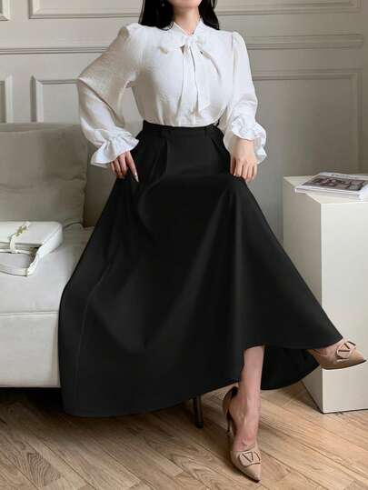 abyoxi 女士黑色优雅高腰百褶A字裙，时尚简约，休闲日常、办公通勤、外出、毕业典礼、度假皆宜，适合春、夏、秋、冬四季穿着。