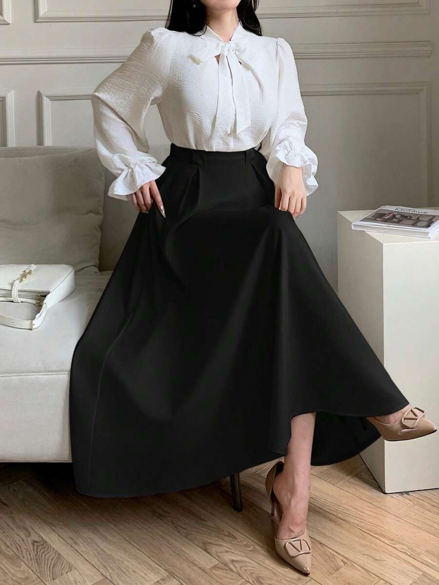 abyoxi Chân váy xếp ly chữ A cạp cao màu đen thanh lịch dành cho nữ, kiểu dáng tối giản thời trang, phù hợp mặc hàng ngày, đi làm, đi chơi, dự lễ tốt nghiệp, đi nghỉ mát, thích hợp cho mùa xuân, hè, thu và đông. - màu đen - Xem 1