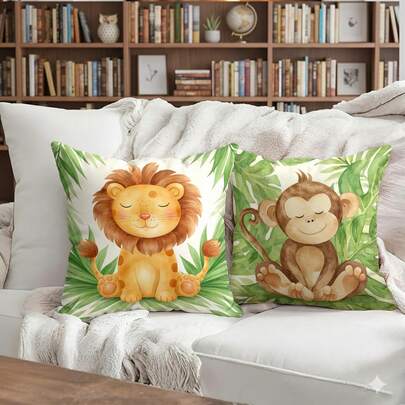Jungle Safari Animal Throw Pillow Covers Set Of 4, Green & Light Brown, Polyester Decorative Pillowcases For Sofa, Bed, Car, Living Room, (No Insert)