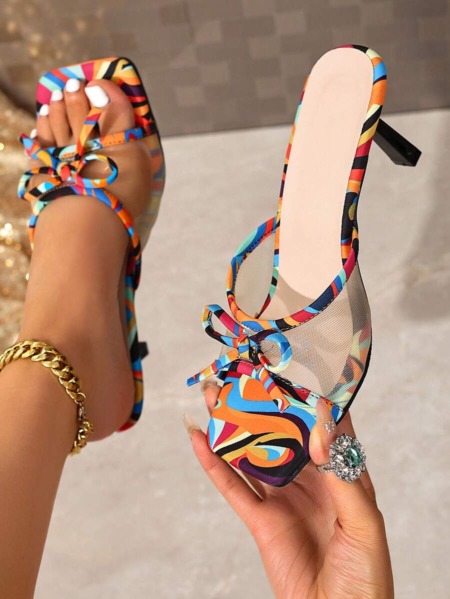 Floral Print Open Toe High Heel Sandals, Breathable Mesh Vamp, Minimalist Slim Stiletto, Versatile Summer Sandals For Women - Multicolor - View 1