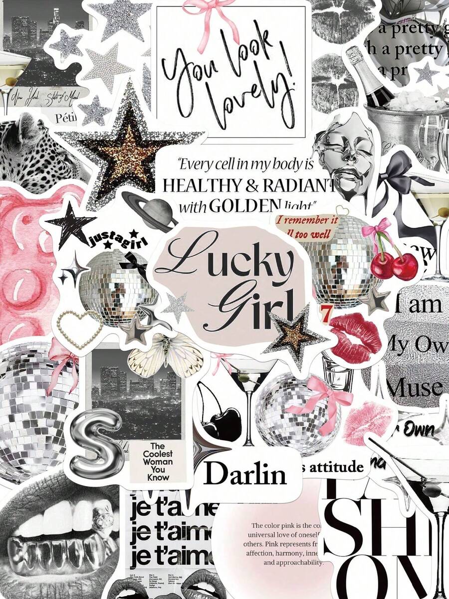 50/100pcs Silver Lucky Girl Stickers, Waterproof Cartoon Gift Decorative Stickers, Suitable For Scrapbooks, Notebooks, Laptops, Suitcases, Guitars, Water Bottles, Phone Cases, DIY School Supplies - A - View 1