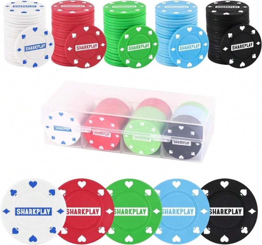 Sharkplay Plastic Poker Chips Set With Storage Box For Blackjack, Texas Hold'Em, Night Poker Games - ColorA - 查看 1