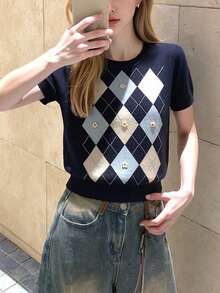 女士休闲简约菱格纹圆领针织短袖上衣，夏季 - 藏蓝色 - 查看 1