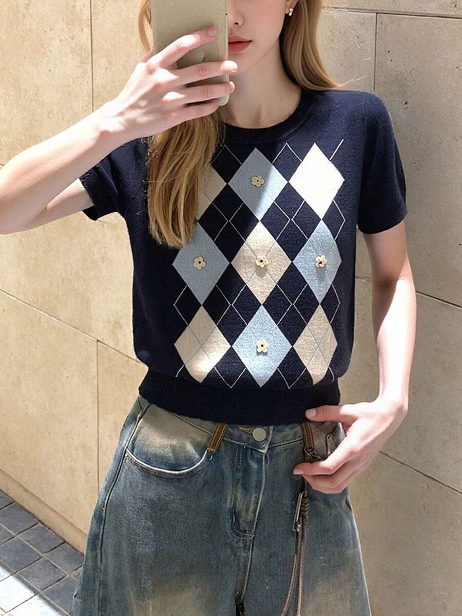 女士休闲简约菱格纹圆领针织短袖上衣，夏季 - 藏蓝色 - 查看 1