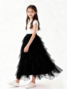 Váy maxi xếp tầng bằng vải voan nhẹ cho bé gái, cạp cao, mềm mại, dáng chữ A, thoải mái, mặc hàng ngày, kiểu công chúa. - màu đen - Xem 2