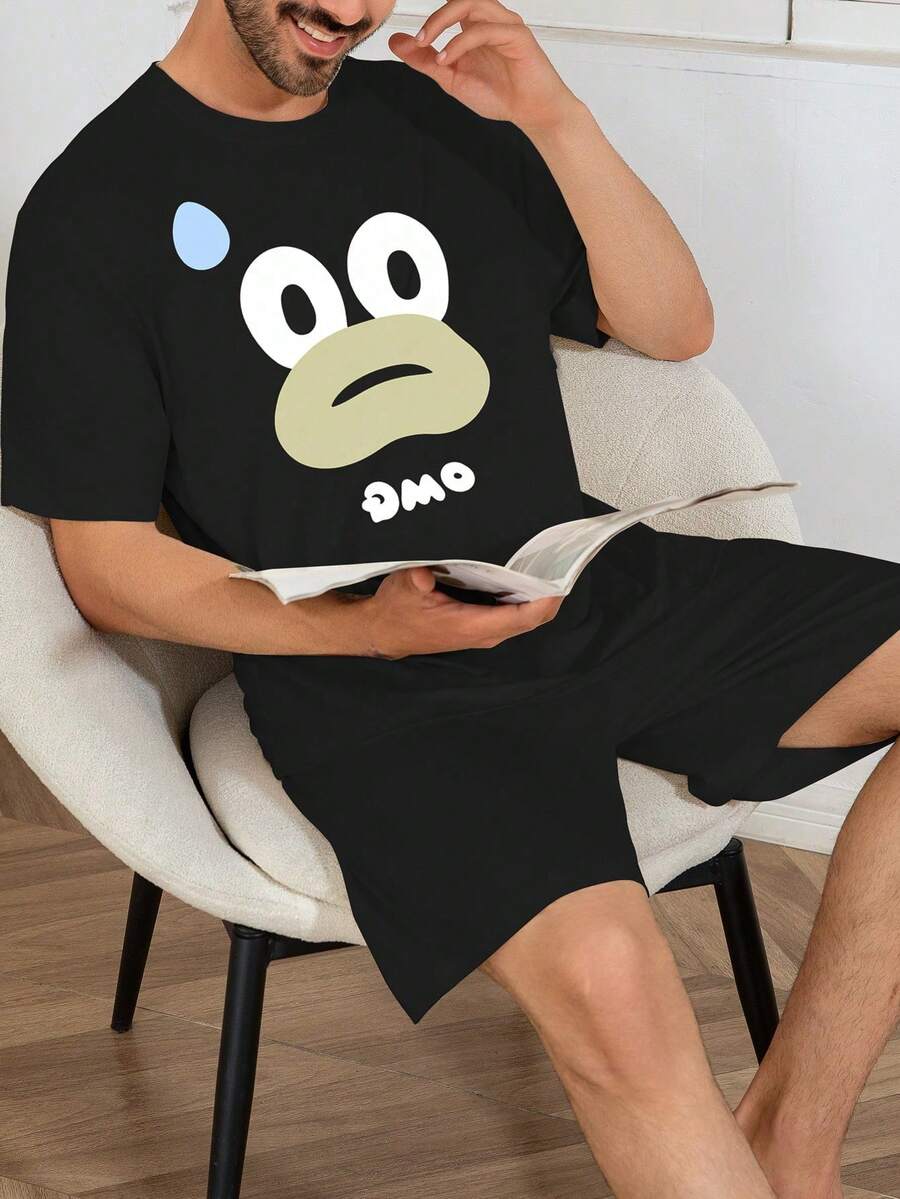 Conjunto de pijama casual para hombres, camiseta de cuello redondo con estampado de dibujos animados de manga corta y pantalones cortos, ropa de estar por casa cómoda y relajada para el verano - Multicolor - Ver 1