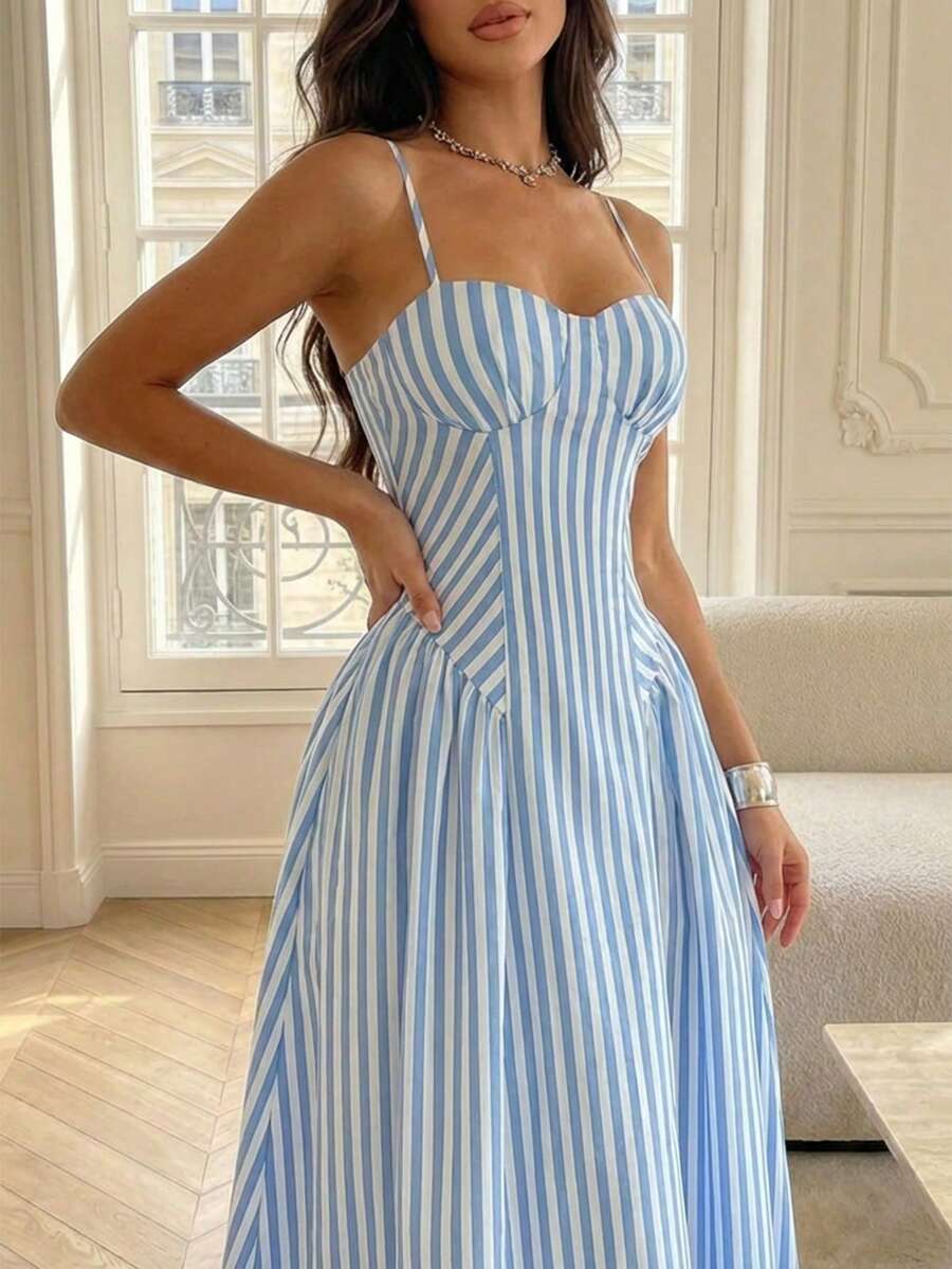 女士优雅蓝白条纹心形领吊带喇叭中长连衣裙，时尚休闲度假连衣裙 - 藍白色 - 查看 1