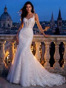 HEARBOBO Elegant Luxury Sleeveless Bridal Dress, Baroque White Lace Engagement Backless Mermaid Bohemian Wedding Gown With Train - White - View 2