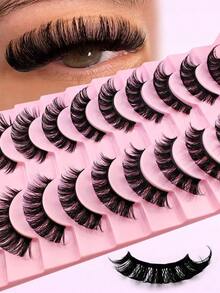 10 Pairs D Curl Russian Strip False Eyelashes Cat Eye Lashes Natural Look Fluffy Faux Mink Lashes Volume Wispy Long Foxy Eye Lifting Look Fake Eyelashes Strip Lashes, Lashes, Eyelashes, Fake Lashes - Black, One Size Fits All - View 4