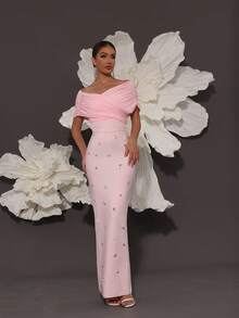 手工串珠露肩紧身绷带连衣裙，性感修身，适合家庭聚会、派对、宴会、鸡尾酒会、婚礼等场合。 - 淺粉色 - 查看 6