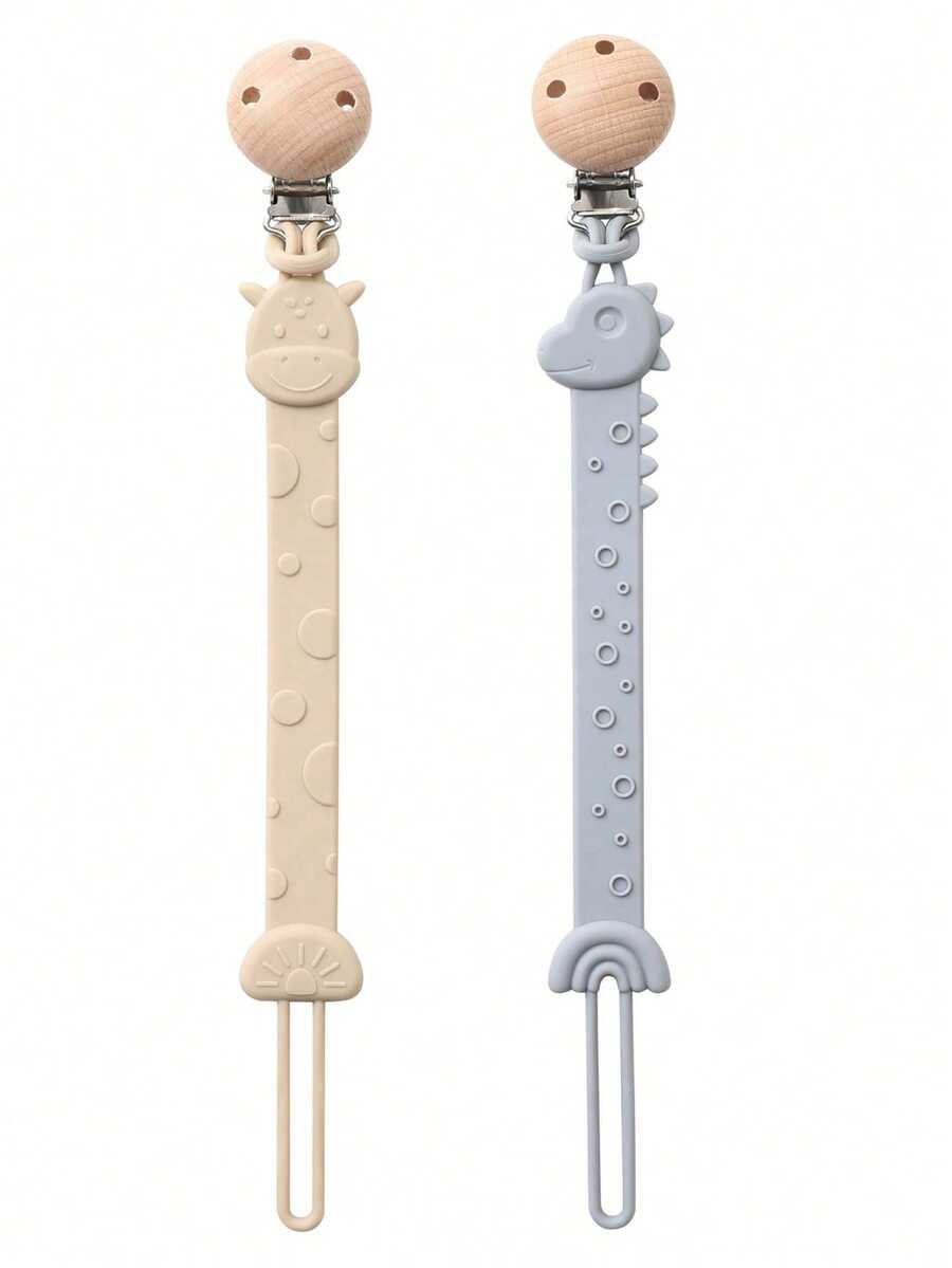 2pcs Baby Silicone Pacifier Clips, Dinosaur & Giraffe Pattern, Anti-Drop Pacifier Clips, Teething Toys Clips, Baby Supplies, Newborn Gift - 2- Beige Blue - View 1