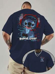 Disney Lilo & Stitch "Game Over" T-Shirt: Navy Cotton Tee With Cyber Gaming Style Graphic, Perfect For Stitch Fans, Casual Wear And Gift - Navy Blue - View 1