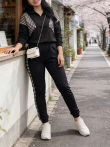 女式两件套 - 极简主义千鸟格拼色拼接上衣和抽绳九分裤，休闲运动风格，秋冬 - 黑色 - 查看 3