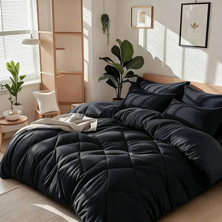 2/3PCS Minimalist Luxury Diamond Grid Oversized Quilt Set All-Season Use Including 1 Quilt + 1/2 Pillowcases Fits Various Bed Sizes Upgrade Your Sleep Quality Instantly Top Choice For Festival Gifting - 黑色 - 查看 1