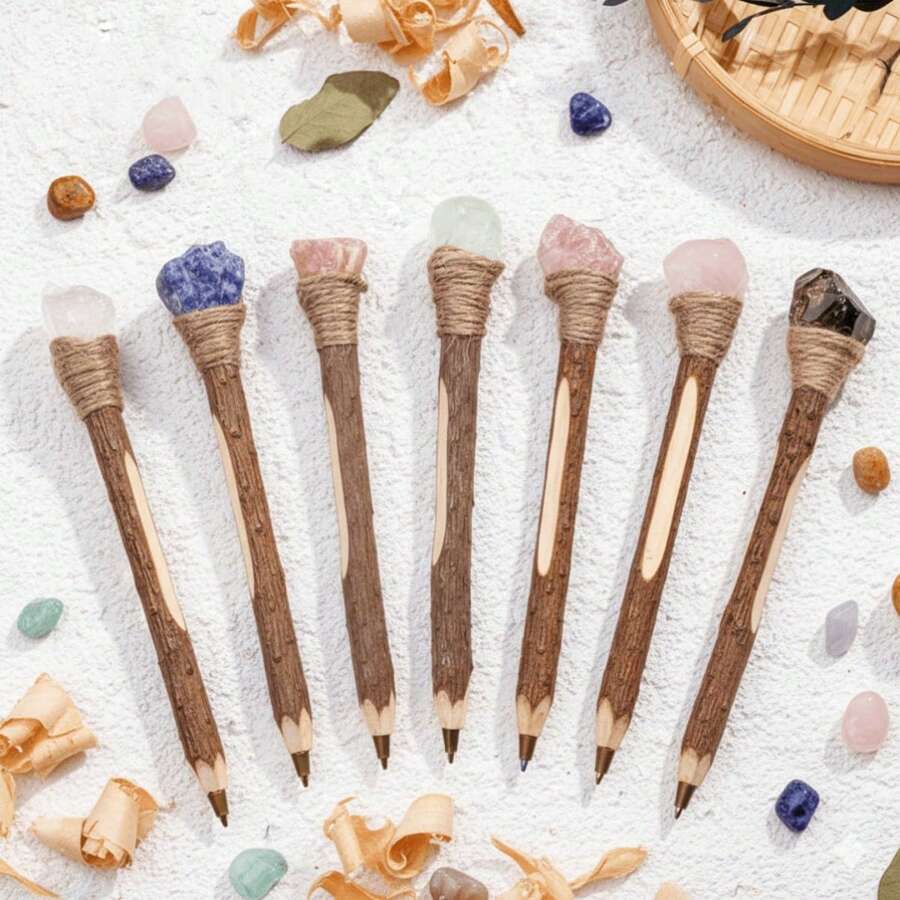 Bộ 1/3/5 bút bi đá Chakra chữa lành | Bút bi phong cách Boho tự nhiên với đá quý lớn: Thạch anh hồng, Citrine, Lapis Lazuli | Nắp bấm, chất liệu gỗ, ngòi siêu nhỏ | Món quà truyền cảm hứng cho người yêu tâm linh - nhiều màu - Xem 1