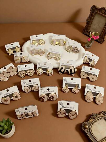 22PCS Stainless Steel Enamel-Plated Stud Earrings Set - This Set Of Simple Geometric And Natural Style Jewelry Is Of High Quality And Does Not Cause Allergic Reactions. It Is Suitable For Daily Wear And Can Also Be Given As A Gift At Special Occasions (The Styles Are Random)
