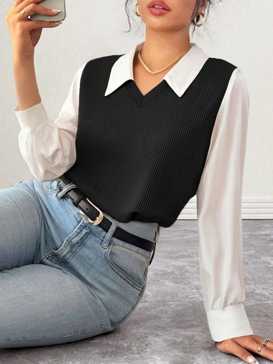 Blusa Falsa Dos Piezas con Cuello y Mangas Volantes - Estilo Preppy Versátil para Todas las Estaciones,Versión completa, estilo profesional para usar en el trabajo,DE INVIERNO! Top Corto de Manga Larga con Cuello en V, Precio Bajo ¡No Te Lo Pierdas!¡Últimas Piezas!Oferta Especial de Fin de Temporada - Negro - Ver 1