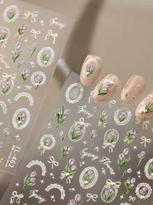 1 pieza Pegatina de arte de uñas 5D con perlas y tulipanes franceses de primavera, decoraciones de uñas con flores de tulipán delicadas y lindas - Multicolor - Ver 6