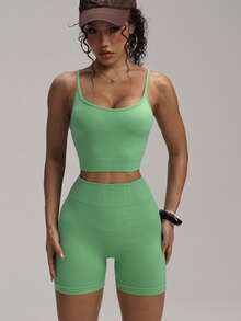 Lifespree 夏季纯色露肩短款上衣和高腰短裤修身运动套装，女士健身服，女士紧身裤套装 - 綠色 - 查看 6