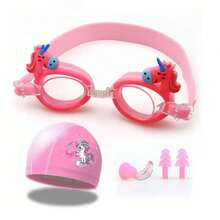 儿童游泳装备套装（1件），包括可爱防水防雾泳镜、泳帽、鼻夹、耳塞，全套 - 彩色 - 查看 7