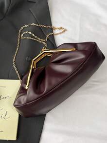 Women's Handbag With Pleated Cloud Design, Elegant Lady's Refined Luxury Metal Chain Strap, Suitable For Shopping, Dating, Party, Wine Red - Burgundy - View 6