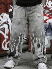 Quần dài nam FRACTYR mùa hè, phong cách đường phố thường ngày, họa tiết ngọn lửa nhuộm loang, dáng rộng, màu tối, kiểu dáng cao cấp, thiết kế hai mặt, in họa tiết. - Màu xám đen - Xem 7