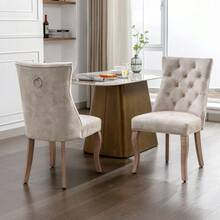 4-Legged Chair, Beige Velvet Dining Chair, High Backrest, With Button Tufting, Solid Wood Frame, (Set Of 2) - 淺灰色 - 查看 4