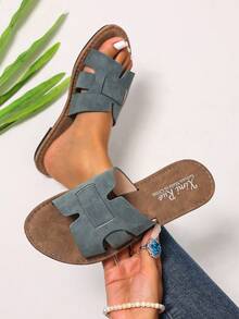 Ximi Ruo 2026 New French Retro Matte Gray-Green H-Shaped Slip-On Flat Sandals, Open Toe, Casual Comfortable Slippers For Summer, Versatile Wear,Beach Shoes - Lime Green - View 2