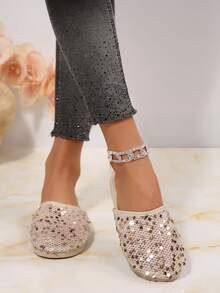 Sandal Selop Datar Berhiaskan Payet Terbaru untuk Musim Semi/Panas, Sandal Selop Modis Cocok untuk Dipakai di Dalam dan Luar Ruangan - Aprikot - View 3