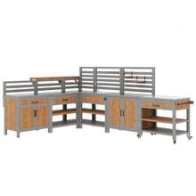 Table d'appoint pour barbecue, meuble de jardin mobile, résistant aux intempéries, plan de travail en acier inoxydable, buffet d'extérieur, meuble de jardin avec lavabo, robinet et ouvre-bouteille intégré - Naturel - Voir 10