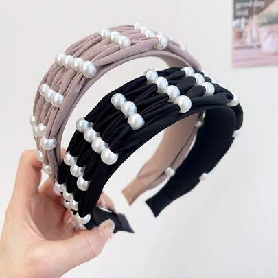 1件菱形优雅网纱发带，珍珠编织头饰，四季皆宜的百搭配饰