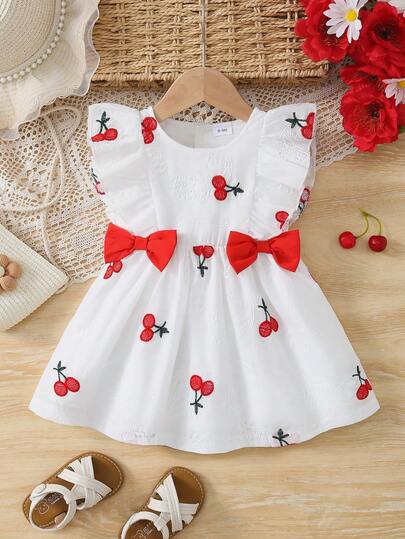 1pc Baby Girls' Cute Cherry Print Round Neck Sleeveless Ruffle Hem A-Line Dress, Summer
