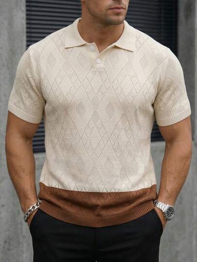 男士 Polo 领菱格纹网眼透气商务休闲撞色纽扣半开襟短袖针织衫，杏色