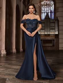 QOQ Princess Style Applique Evening Gown, Women's Mesh Patchwork Formal Dress, Suitable For Birthday Party, Gala, Charity Ball, Formal Dinner, Off-Shoulder Slit Fitted Long Dress Wedding Spring - Navy Blue - View 4