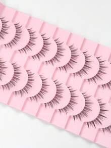 10 Pairs Natural-Looking Little Devil False Eyelashes, Transparent Stem Soft Whole Piece Daily Makeup Tool, Slouchy Essential Eyelash - Black - View 4