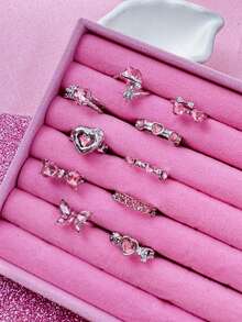 10pcs/Set Elegant High-End Unique Exquisite Fashion Pink Crystal Rings, Butterfly & Heart Shaped, Romantic Date Gift, Daily Wear Jewelry - Pink - View 6