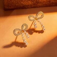 1 Đôi bông tai bạc S925 cao cấp thiết kế nơ đính đá Cubic Zirconia, món quà trang sức thanh lịch dành cho phái nữ. - Vàng - Xem 1