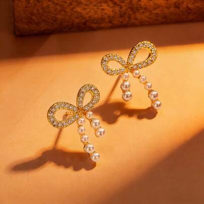 1 Đôi bông tai bạc S925 cao cấp thiết kế nơ đính đá Cubic Zirconia, món quà trang sức thanh lịch dành cho phái nữ.