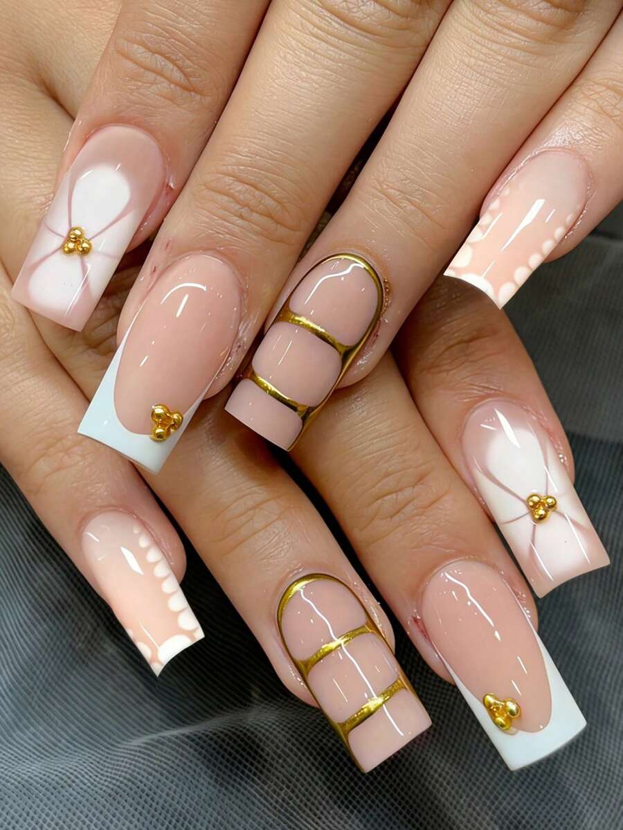 24pcs Y2K Style Rectangular Floral Nail Stickers, Enhance Fashionable Look! This White French Acrylic Nail Sticker Set Includes Steel Bead Design, 1 Jelly Gel, And 1 Nail File. Perfectly Fits Nails, Easy To Wear, Suitable For Summer And French Manicure, Suitable For Daily Work, Parties And Other Occasions. Nail Art Supplies - White - View 1