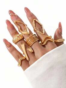 8pcs/Set Punk Style Asymmetrical Geometric Rhombus Open Ring Set, Suitable For Women Daily Stacking Rings Gift - Multicolor - View 3