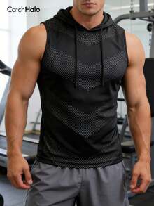 Men's Hooded Vest, Black Ombre Geometric Pattern Sportswear, Sleeveless Drawstring Hoodie, Breathable Mesh Fitness Training Top - Black - View 1