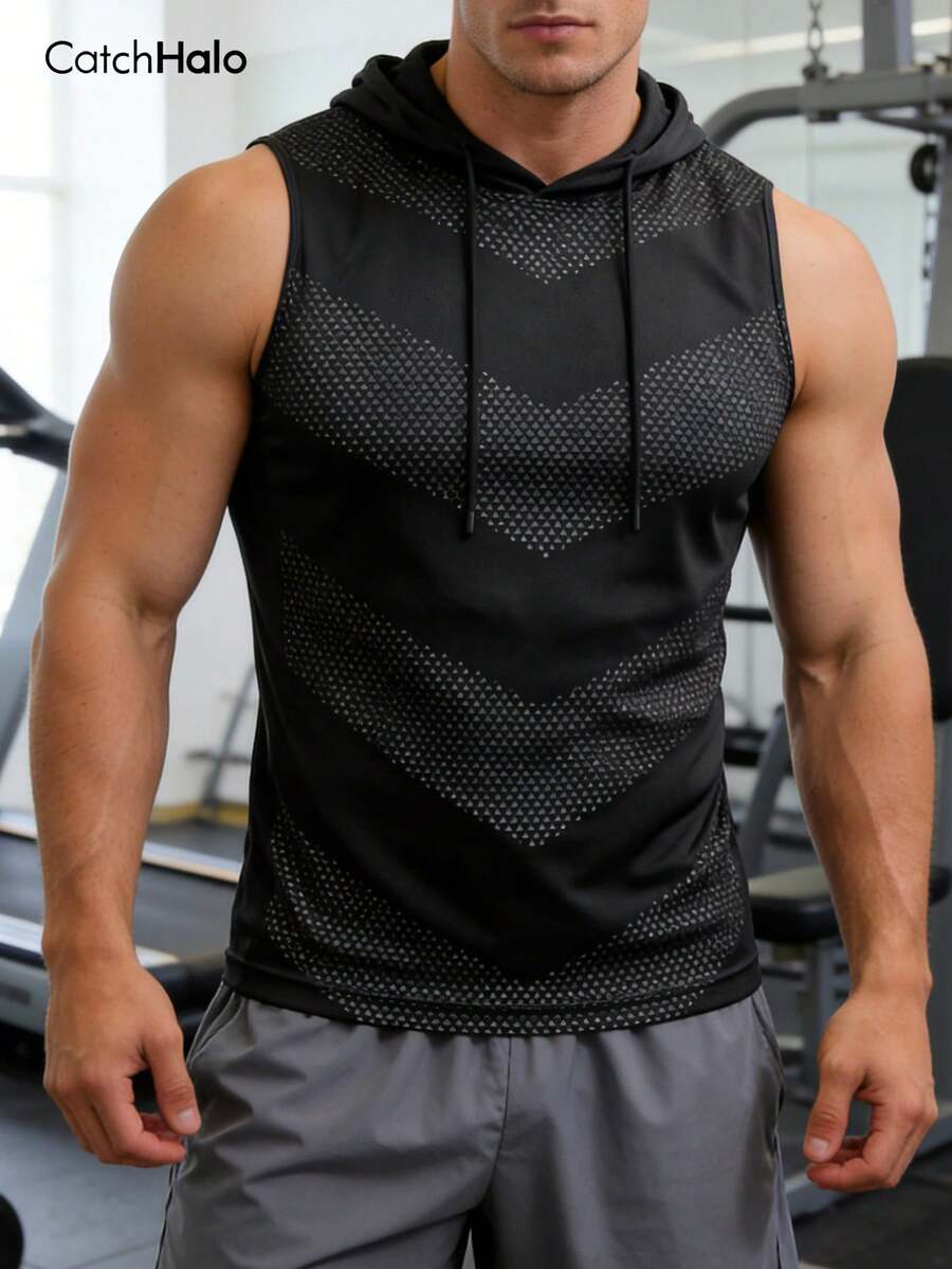 Men's Hooded Vest, Black Ombre Geometric Pattern Sportswear, Sleeveless Drawstring Hoodie, Breathable Mesh Fitness Training Top - Black - View 1