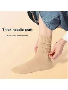 3 Pairs Of Women's Comfortable Autumn Winter Mid-Calf Socks,Soft And Stretchy Fabric Comfortable Round Neck Crew Socks , Solid Color Casual Thin Long Socks ﻿ - Nhiều màu - Xem 7