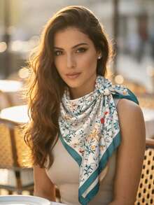 Women's Large Square Satin Scarf 90x90 Chic Polyester Printed - Mint Green - View 5