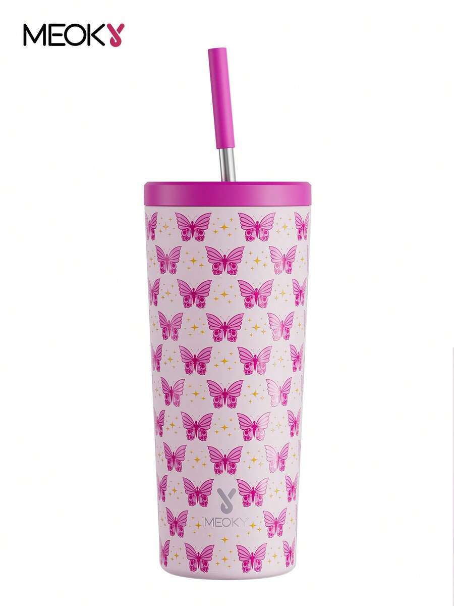 Meoky 24 oz Insulated Tumbler with Lid and Straw, Stainless Steel Vacuum Insulated Water Bottle, Insulated Cup, Keeps Cold for 24 Hours, 100% Leak Proof, Fits in Car Cup Holder