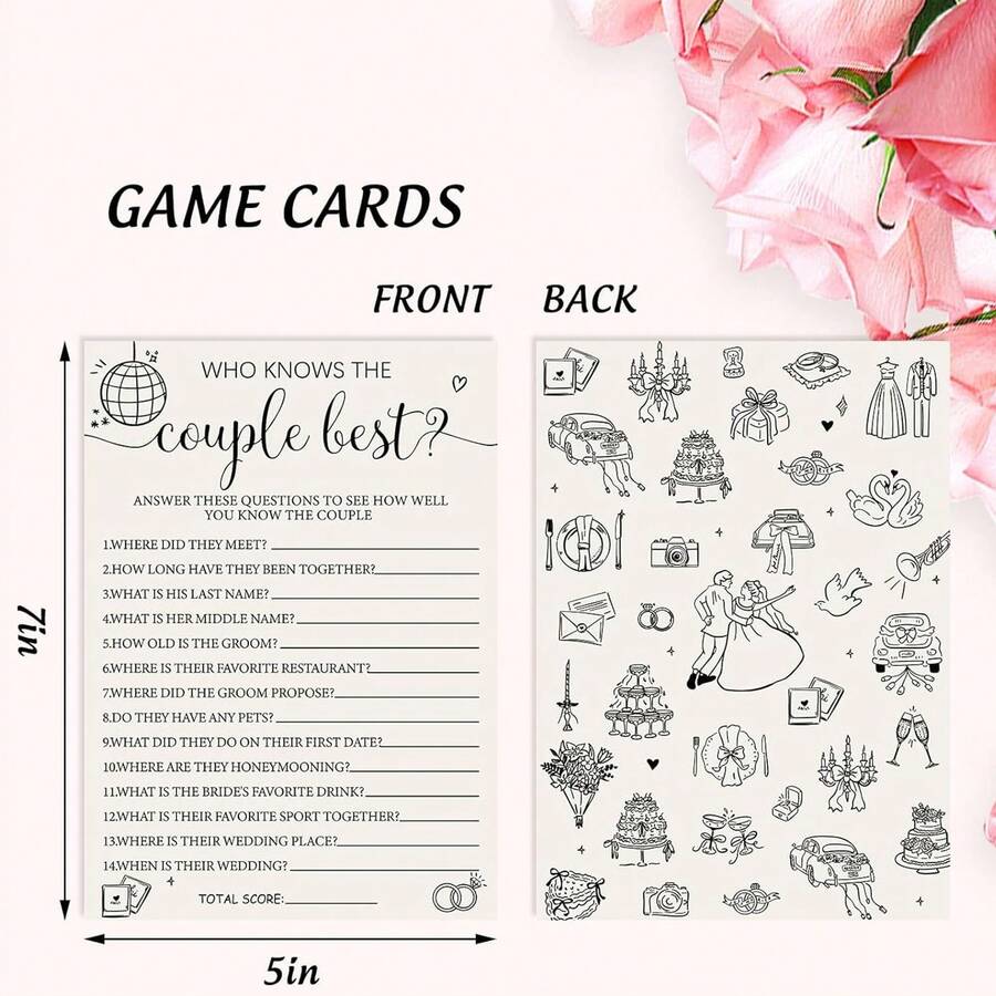 谁最了解这对新人？婚礼派对游戏卡片，黑色，新娘送礼会游戏卡片，婚礼订婚派对用品 - A - 查看 1