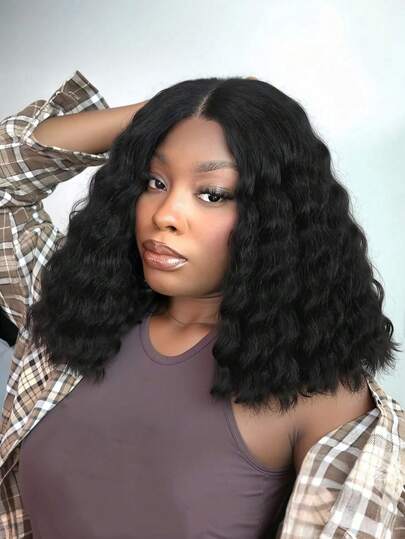4x1 Deep Wave Shoulder Length Wig, Realistic Scalp, Straight Middle Part Synthetic Heat Resistant Hair, Natural Black Color, Suitable For Daily Wear And Parties